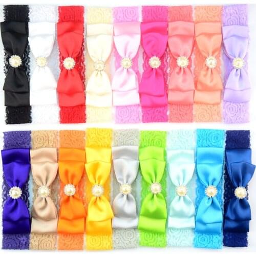 100pcs/lot U Pick Color Elastic Lace Headband with Smooth Satin Ribbon Bow girl Hair Band Accessories Bulk Price FDA226