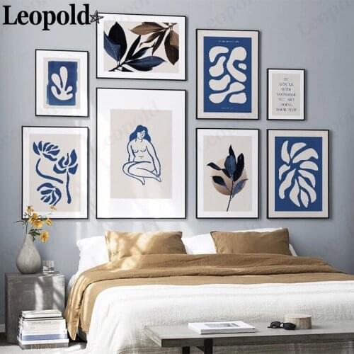 Nordic Abstract Plant Canvas Poster Blue Line Girl Letter Lotus Leaf Painting Wall Art Modern Home Decoration Accessories