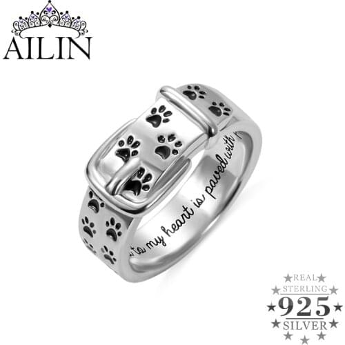 AILIN Pet Collar Shape Custom Rings Women Men Silver 925 Name Engraved Ring With Dog Paw Personalized Jewelry Customized Gifts