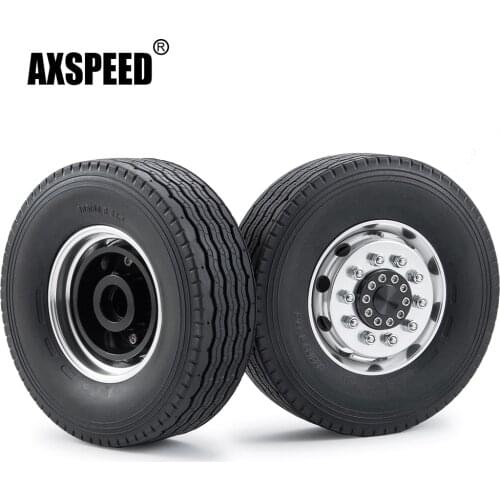 AXSPEED Metal Front Wheel Hub Rims with 28mm Width Black Rubber Tires for 1/14 Tamiya RC Trailer Tractor Truck Car Parts