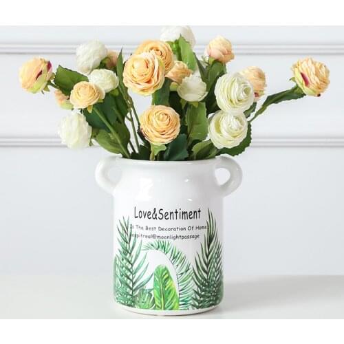 White Ceramic Flower Vase Green Leaf Vase with Double Handles Hydroponic Container Home Decoration Vase