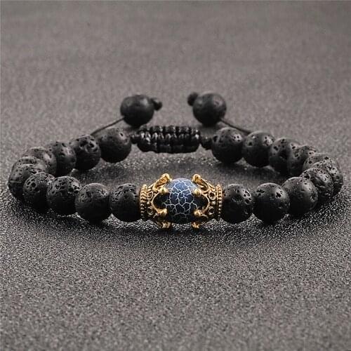 Natural Beads Bracelet Pave CZ Imperial Crown Mens Charm Handmade Weaving Bracelets Black Lava Stone Fashion Jewelry for Women