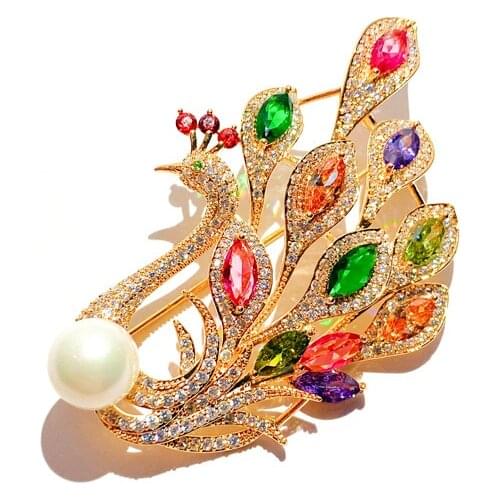 New Colorful Phoenix Brooches for Women High Quality Cubic Zirconia Pearl Pins Badge Fashion Animal Jewelry Boutonniere Broche