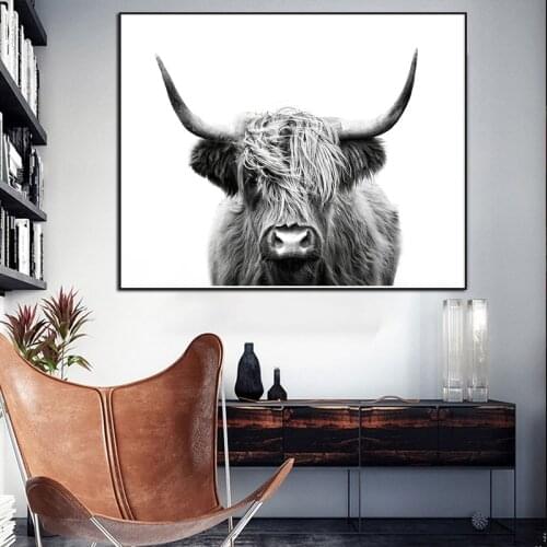 Black and White Highland Cow Cattle Wall Canvas Art Nordic Painting Poster and Prints Scandinavian Wall Picture Home Decor