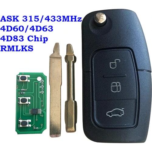 Remote Key 3 Button 315MHz 433MHz 4D60 4D63 ID83 Chip Keyless Entry Fob Fit For Ford Mondeo Focus Fiesta C Max S Max Galaxy