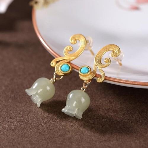 Designer original new ancient gold craftsmanship Hetian jade bell orchid earrings Chinese elements classic ladies silver jewelry