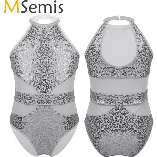 Gymnastics Leotard Girls Ballet Dress Kids Sleeveless Halter Sparkly Sequins Mesh Splice Cutouts Back Leotard Ballet Dancewear