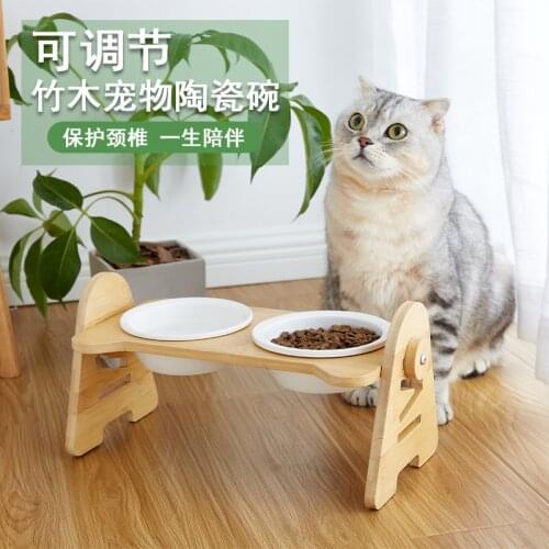Cat Bowl Ceramic double bowl with oblique mouth to protect cervical vertebra cat food basin from overturning dog bowl adjustable