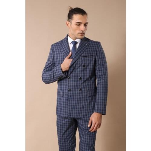 Plaid Navy Blue Mens Double Breasted Suit Wessi