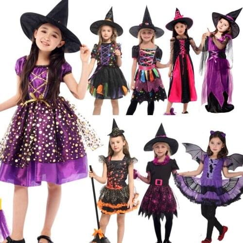 Witch Suit Cosplay For Girls 2019 New Halloween Party Children Costume Clothing Set Halloween Witch Dress Hat cloak Accessories