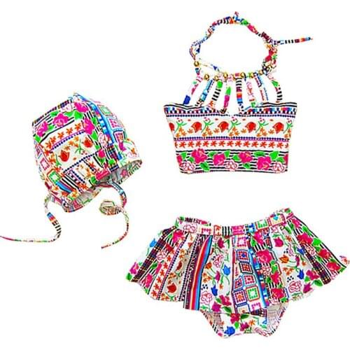 3PCS Baby Girl Floral Sling Swimsuit Girls Flower Ethnic Style Swimwear Bikini Tops+Short+Hat Beachwear Kids Swimming Suit 1-5Y