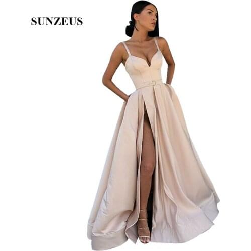 Light Champagne Evening Dresses Spaghetti Straps Sweetheart Long Formal Women Dress High Slit Satin Party Gowns A-line