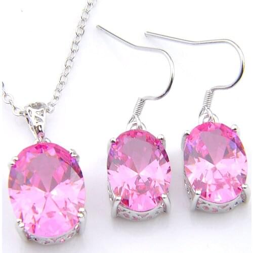 Luckyshine Holiday Gift Fire Pink Kunzite Crystal Cubic Zirconia 925 Silver Pendants Necklaces Drop Earrings Jewelry Sets
