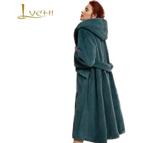 LVCHI 2019 New Swan Velvet Mink Fur Coat Full Sleeve Real Fur Coats With Fur Hood Sashes Women Thicken Soft Long Mink Fur Coats