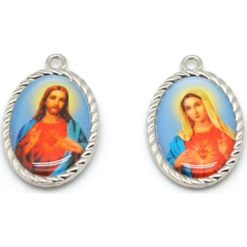Fashion catholic pendant one side red heart Jesus another side mary color picture