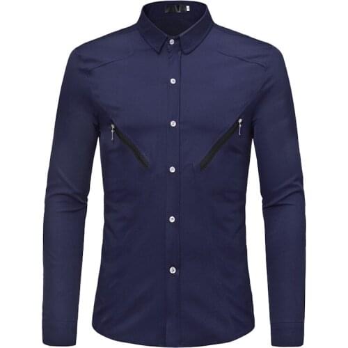 Double zipper Decoration Navy Tuxedo Shirt Men Slim Fit Long Sleeve Dress Shirts Mens Wedding Party Banquet Social Shirt Male