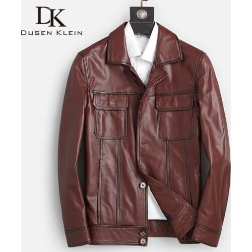 DK Cowhide Leather Jackets Wine Red Leisure Men Real Leather Clothing Autumn Causal Pockets Leather Coats