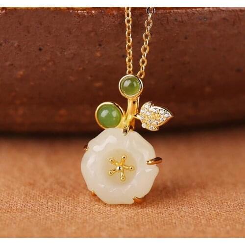 NewSilver Natural Hetian Jade Flower Diamond Pendant Necklace Chinese Retro Cute Little Fresh Fairy Romantic Women Brand Jewelry