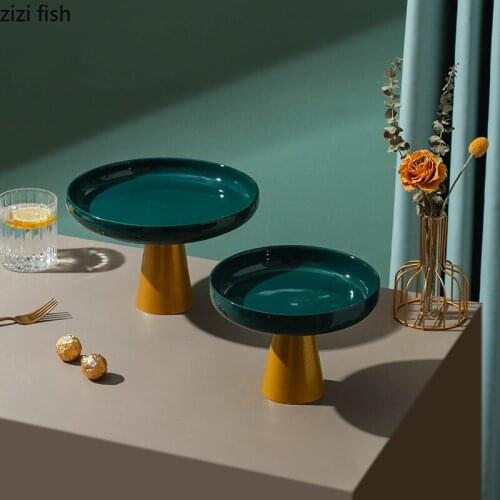 Modern Ceramic Dark Green Cake Tray Golden Tall Fruit Tray Holiday Party Candy Dessert Display Tray Home Decoration Accessoriesx