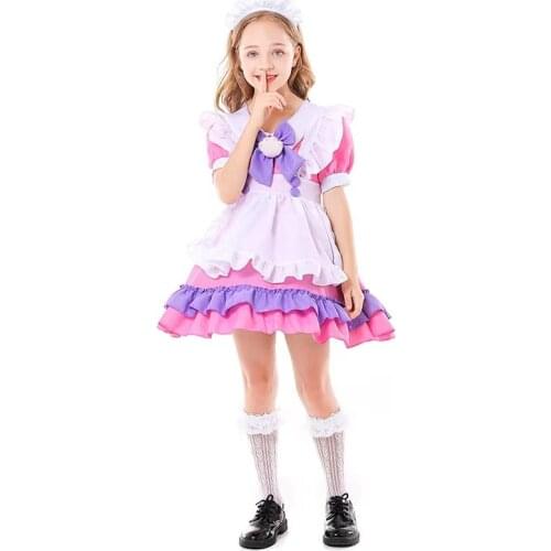 Pink Cute Girls Maid Waitress Cosplay Kids Children Halloween Housekeeper Costumes Carnival Purim Parade Role Play Party Dress