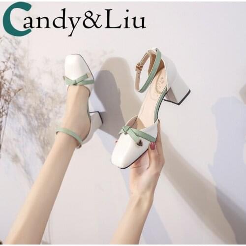 Sandals Womens Chunky Heel High Heels 2020 New Summer Single Shoes All-match Korean A- line Buckle Hollow Color Matching Shoes