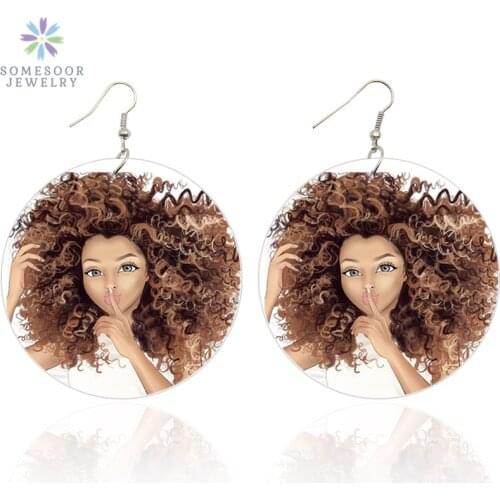 SOMESOOR Both Sides Printing Cute Curly Girl African Wooden Drop Earrings Afro Natural Hair Flat Round Design Jewelry For Women