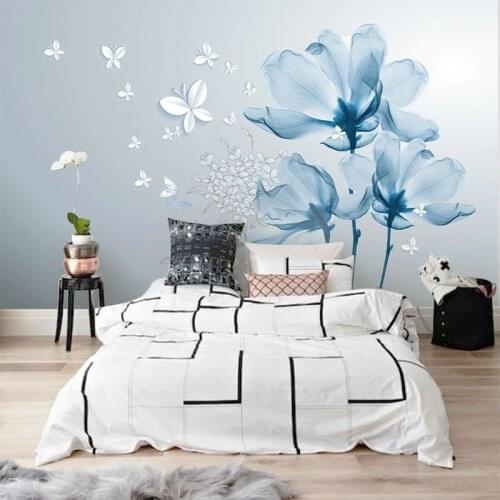 Modern Abstract Wallpaper 3D Blue Flowers Butterfly Art Photo Wall Murals Living Room TV Sofa Bedroom Background Wall Papers 3 D