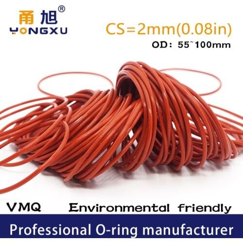 Red Silicon O-ring Silicone/VMQ CS2mm Thickness OD55/60/65/70/75/80/85/90/95/100*2mm O Ring Seal Rubber Gaskets O Rings Washer