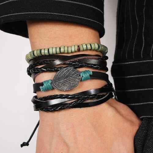 IFMIA Vintage Adjustable Multilayer Leather Leaf Bracelet Jewelry Charm Feather Stone Wood Beads Wrap Bracelets For Women Men