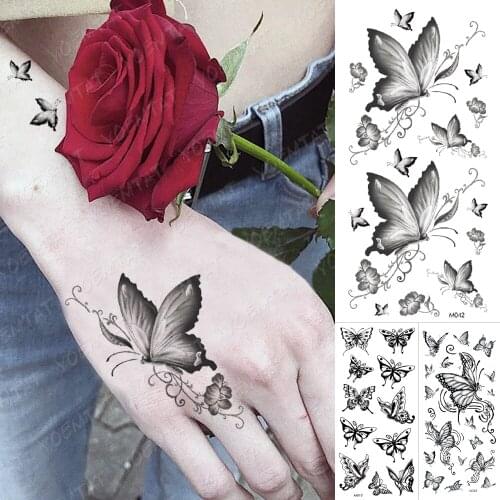Waterproof Temporary Tattoo Sticker Black Butterfly Flower Flash Tatto Woman Girl Arm Chest Body Art Fake Tatoo Male Cool Dark