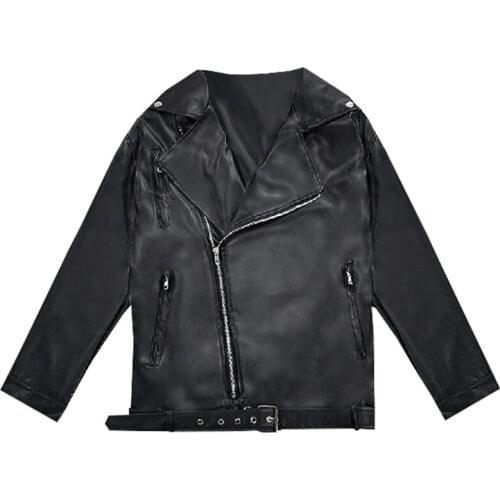 PERHAPS U Women PU Faux Leather Bomber Jacket Handsome Black Gray Long Sleeves Pocket Solid Zipper Thin Section C0079