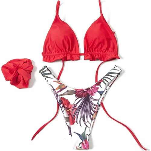 Womens Sexy Two Piece Bikini Suits Fashion Solid Color Lace-Up Camisole and Printed High Waist Trunks