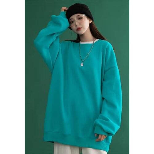 2021 Korean Spring Top Simple Solid Color Long Sleeve Sweater College Style Loose Round Neck Womens Lovers Thin Pullover