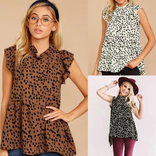 2021 Printed Ruffled Short Sleeve Loose Slim Womens Top Black White Brown Polka Dot O-Neck Shirts