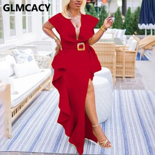 Women Ruffles Detail V Neck Slit Maxi Dress Elegant Formal Evening Party Club Dress