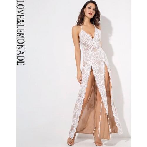 LOVE&LEMONADE White Deep V-Neck Open Back Flower Sequins Long Dress LM1293