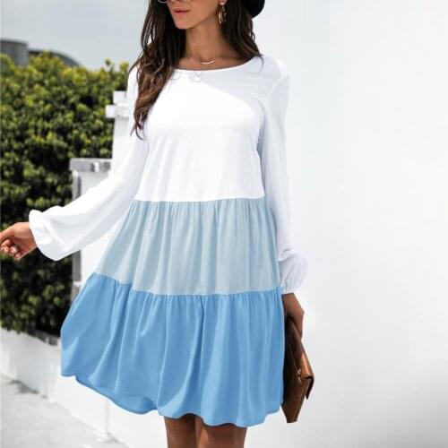 Ladies O Neck Ruffles Dress Contrast Color Patchwork Sundress Long Sleeve Beach Dresses for Women 2021 Party Vestidos