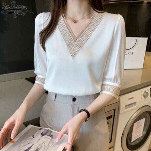 2021 Summer Shirts Women New Middle Sleeve White Chiffon Blouse Fashion Hollow V Neck Long Sleeve Top Female Blusas Mujer 13367