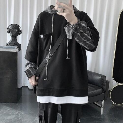 2021 Hip Hop Fake Two-Piece Oversized Plaid Hoodie Korean Clothes Fashion Sweatshirt Man Hoodies Streetwear Male