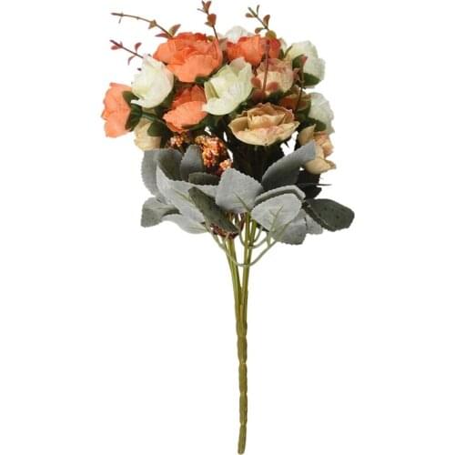 21 Heads Artificial Silk Cloth Rose Flowers Fake Leaf Wedding Bouquet Home Decoration, Orange
