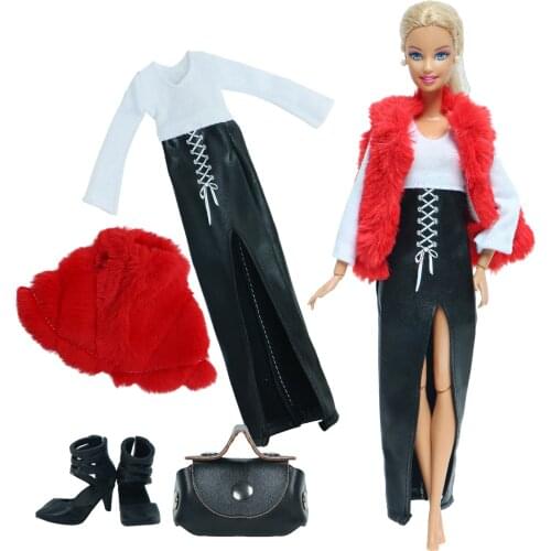 3 Pcs/Set = 1x Soft Fur Dress Red Wool Coat Outfit + 1x Black Shopping Handbag + 1x Black Shoes Clothes for Barbie Doll DIY Toy