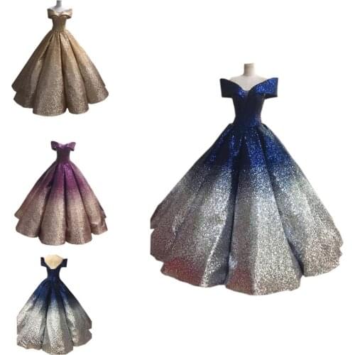 Glitter Sequined V neck Off the shoulder Ombre Gold Ball Gown Quinceanera Formal Dresses with Cap Short Sleeves Evening Gowns