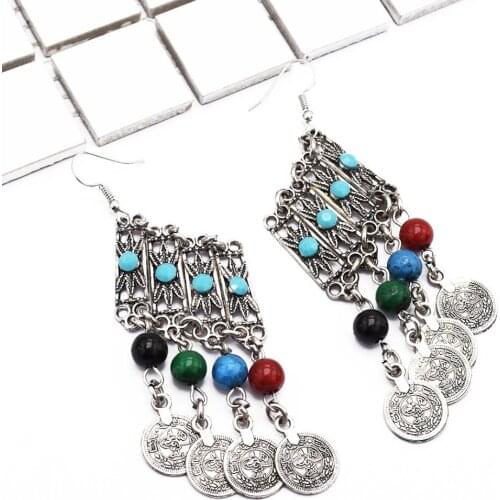 Bohemian Retro Turkish Coin Earrings Resin Beaded Pendant Gypsy Ethnic Tribal Festival Jewelry Statement Travel Drop Earrings