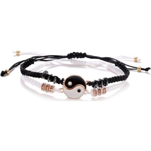 Couple Bracelets Yin and Yang Adjustable Cord Black and White Bracelets for Friendship Relationship Girlfriend Gifts
