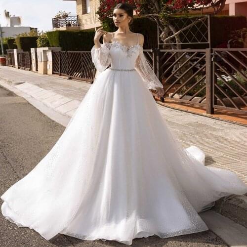 Booma Long Sleeve Lace Wedding Dress 2019 Sparkly Shiny Tulle Bride Gowns Boho Princess Vestido De Novia Open Back Long Train