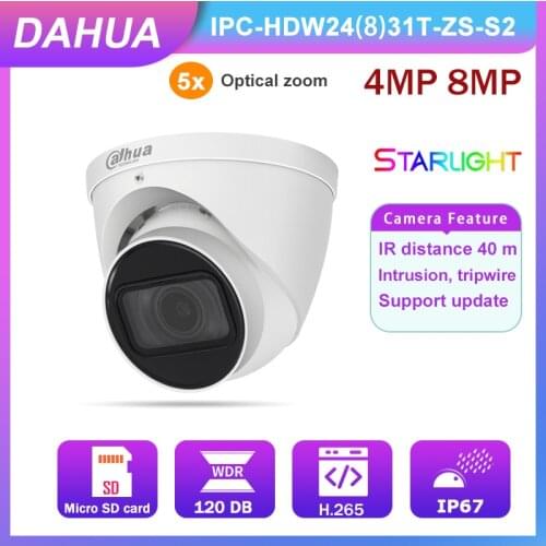 Dahua Starlight IPC-HDW2431T-ZS-S2 Monitor Camera 4MP 5X Motorized Zoom Built-in IR LED H.265 12V DC/POE Power IP67 Smart Home