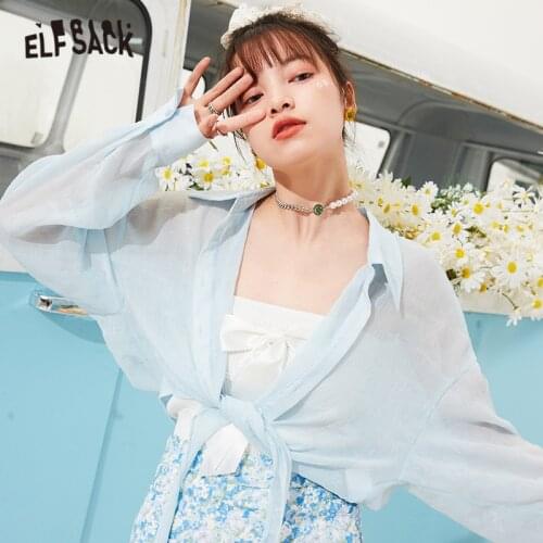 ELFSACK Solid Pure Single Breasted Casual See-Through Shirt Women,2021 Summer Vintage,Ladies Basic Daily Thin Top