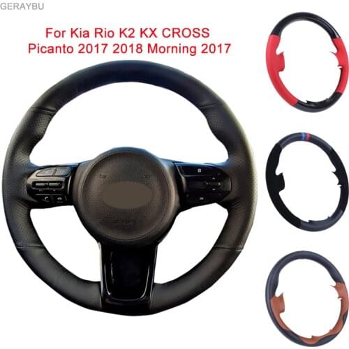 GERAYBU Custom DIY Black Leather Hand-sewn Car Steering Wheel Cover For Kia Rio K2 KX CROSS Picanto 2017 2018 Morning 2017