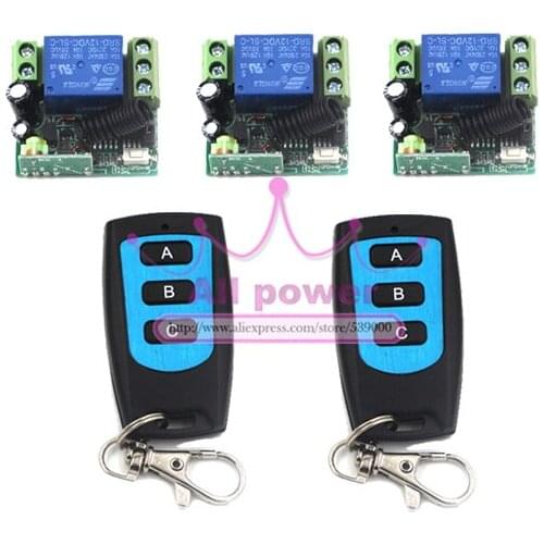 Hot Sale DC 12V 1CH 10A Relay RF Wireless Remote Control Switch System 3 Mini Receiver and 2 Waterproof Transmitter