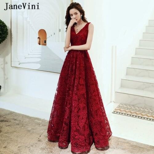 JaneVini Lace Burgundy Long Prom Dresses 2020 Sexy V Neck Sequined Beaded Backless A Line Formal Women Prom Gowns Floor Length